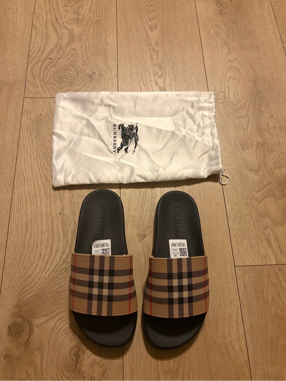 Burberry Beige/Tan Check women’s Slide Sandals with Black Footbed